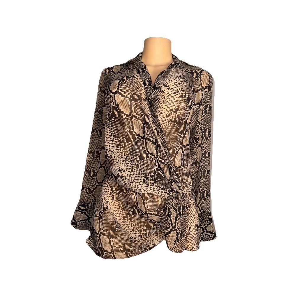 ZARA WOMAN BROWN BEIGE GOLD SNAKESKIN PRINT LONG SLEEVE BLOUSE, V NECK, WRAP, S